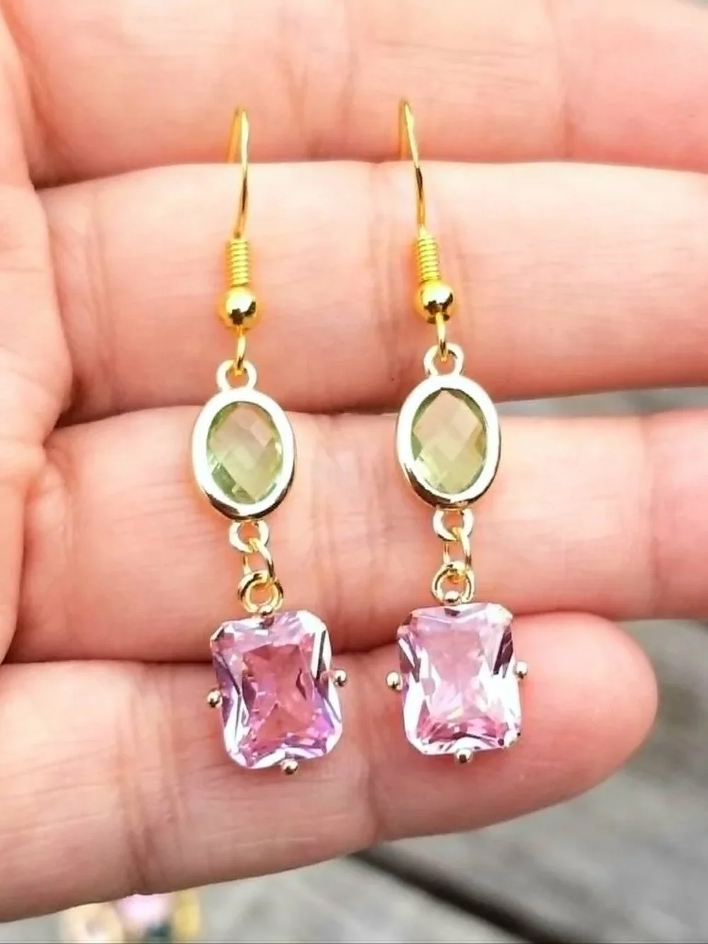 14k Gold Pink Tourmaline & Peridot Dangle Earrings, Tourmaline Peridot Jewelry